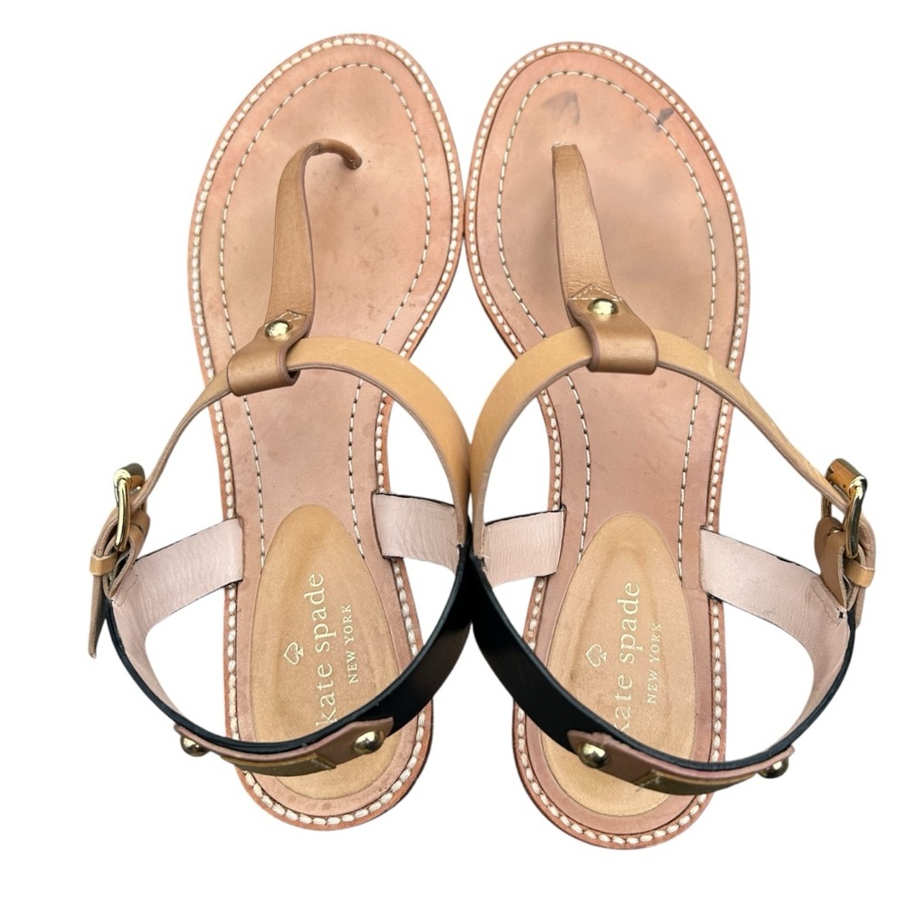 Kate Spade Sky Flat Sandals 9 Luggage Natural Black Vachetta Coastal Boho - Picture 6 of 9